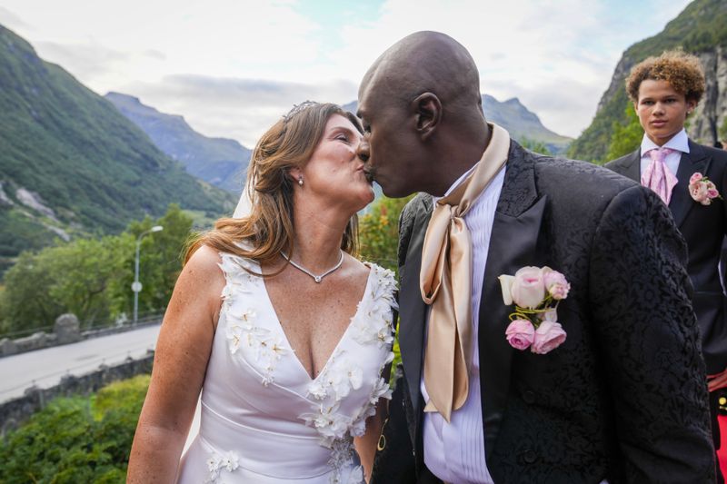 Norway's Princess Martha Louise and Durek Verrett arrive for their wedding party, in Geiranger, Norway, Saturday Aug. 31, 2024. (Heiko Junge/NTB via AP)