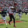 Tampa Bay Buccaneers' Mike Evans catches a touchdown pass during the first half of an NFL football game against the Philadelphia Eagles, Sunday, Sept. 29, 2024, in Tampa, Fla. (AP Photo/Jason Behnken)