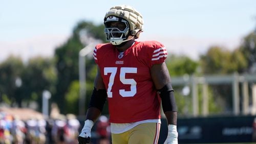 San Francisco 49ers offensive lineman Brandon Parker (75) during NFL football training camp in Santa Clara, Calif., Wednesday, July 31, 2024. (AP Photo/Jeff Chiu)