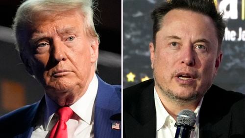 This combination photo shows Republican presidential nominee former President Donald Trump at a campaign event in New York, Sept. 5, 2024, left, and Tesla and SpaceX CEO Elon Musk at the European Jewish Association's conference in Krakow, Poland, Jan. 22, 2024. (AP Photo)