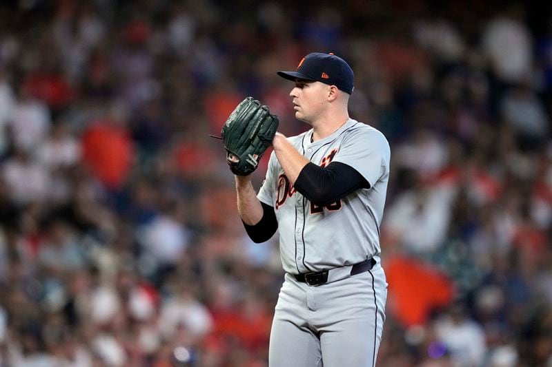 Detroit Tigers starting pitcher Tarik Skubal prepares to throw during the sixth inning of Game 1 of an AL Wild Card Series baseball game, Tuesday, Oct. 1, 2024, in Houston. (AP Photo/Kevin M. Cox)