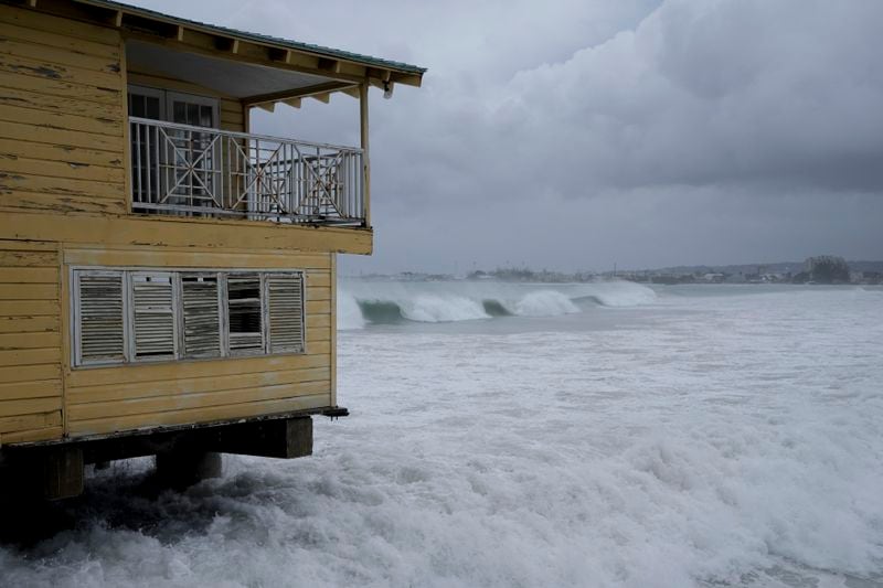 Waves batter a pier during the pass of Hurricane Beryl in Bridgetown, Barbados, July 1, 2024. (AP Photo/Ricardo Mazalan)