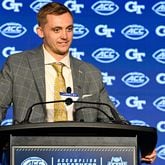 Georgia Tech quarterback Haynes King speaks during the Atlantic Coast Conference NCAA college football media days, Monday, July 22, 2024, in Charlotte, N.C. (AP Photo/Matt Kelley)