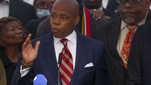 New York City Mayor Eric Adams speaks during a news conference outside Gracie Mansion, Thursday, Sept. 26, 2024, in New York. (AP Photo/Yuki Iwamura)