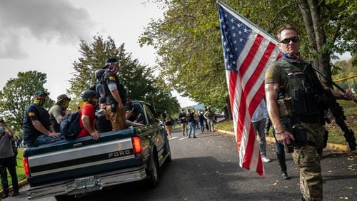 Participants gather for a Proud Boys rally in Portland, Oregon. 

Gay men reclaimed the label “proud” over the weekend, taking over the Twitter hashtag from the far-right Proud Boys who have been causing havoc and violence in the Pacific Northwest. (Diana Zeyneb Alhindawi/The New York Times)