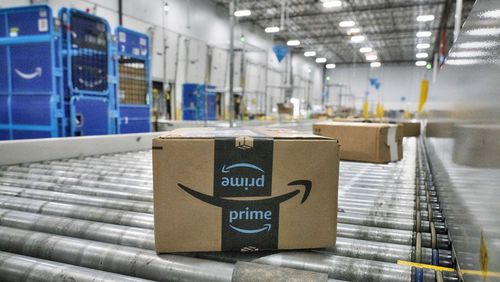 FILE - A package moves along a conveyor belt at an Amazon's DAX7 delivery station during Amazon's annual Prime Day event, Tuesday, July 16, 2024, in South Gate, Calif. Amazon is responsible under federal safety law for hazardous products sold on its platform by third-party sellers and shipped by the company, the U.S. Consumer Product Safety Commission ordered Tuesday, July 30, 2024.(AP Photo/Richard Vogel, File)