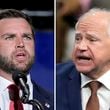 This combination of photos shows Democratic vice presidential candidate Minnesota Gov. Tim Walz, left, at the DNC on Aug. 21, 2024, in Chicago, and Republican vice presidential nominee Sen. JD Vance, R-Ohio, on Sept. 25, 2024, in Traverse City, Mich. (AP Photo)