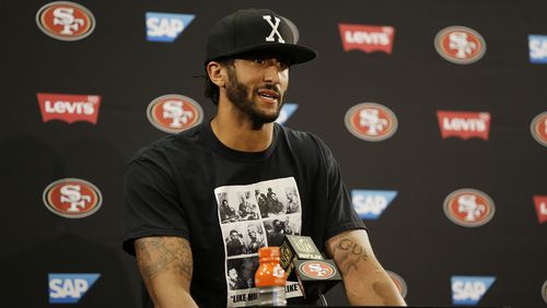 San Francisco 49ers quarterback Colin Kaepernick answers questions at a news conference after an NFL preseason football game against the Green Bay Packers Friday, Aug. 26, 2016, in Santa Clara, Calif. Green Bay won the game 21-10. (AP Photo/Ben Margot)