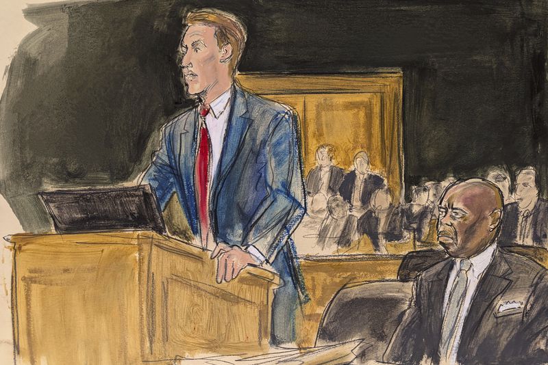 In this courtroom sketch, New York Mayor Eric Adams' defense attorney Alex Spiro, left, speaks at the podium as Adams is seated at right at the defense table during a hearing in Manhattan federal court, Wednesday, Oct. 2, 2024, in New York. (Elizabeth Williams via AP)