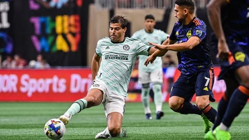 Atlanta United midfielder Santiago Sosa #5 passes during the first half of the match against Seattle Sounders FC at Mercedes-Benz Stadium in Atlanta, United States on Saturday August 6, 2022. (Photo by Dakota Williams/Atlanta United)