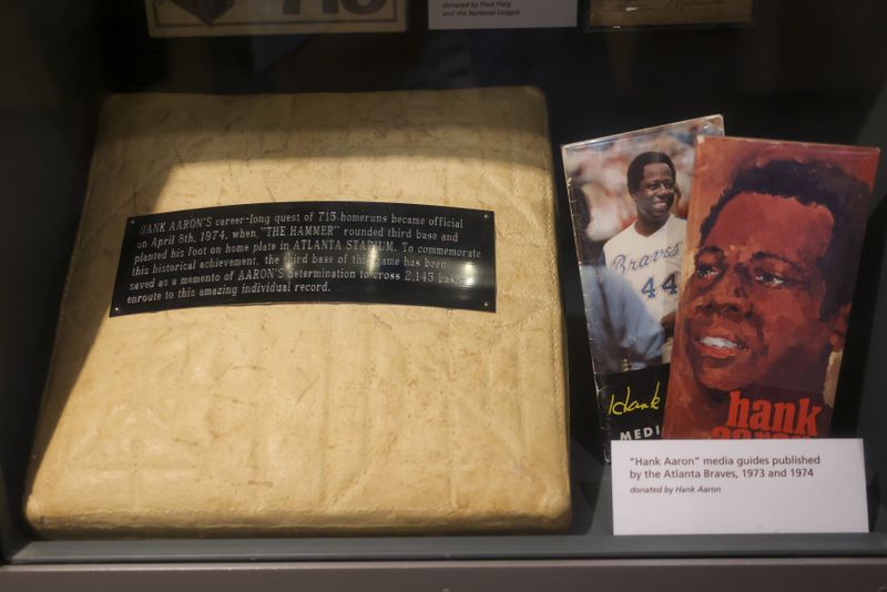 This is third base that Hank Aaron stepped on after he hit home run No. 715 on April 8, 1974, at Atlanta Stadium, shown in the exhibit, The Hank Aaron: Chasing The Dream, at the National Baseball Hall of Fame.
