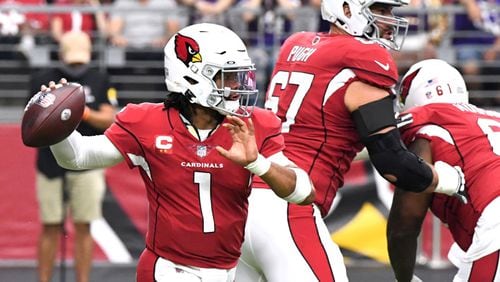 Quarterback Kyler Murray #1 of the Arizona Cardinals passes the ball against the Minnesota Vikings in the first quarter of the game at State Farm Stadium on September 19, 2021 in Glendale, Arizona. (Norm Hall/Getty Images/TNS)