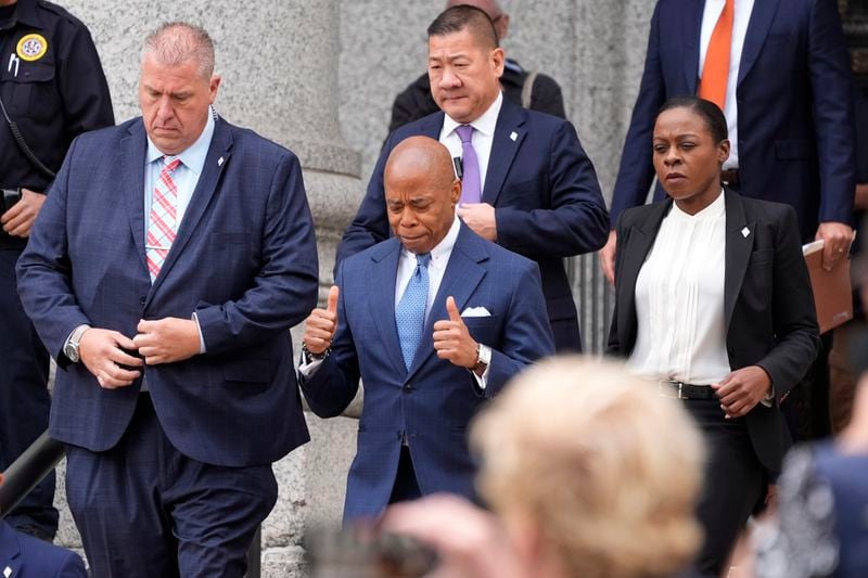 New York City Mayor Eric Adams leaves the Thurgood Marshall United States Courthouse in New York, Wednesday, Oct. 2, 2024. (AP Photo/Pamela Smith)