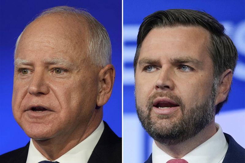 This combination image shows Democratic vice presidential nominee Minnesota Gov. Tim Walz, left, and Republican vice presidential nominee Sen. JD Vance, R-Ohio, right, during a vice presidential debate hosted by CBS News, Tuesday, Oct. 1, 2024, in New York. (AP Photo)