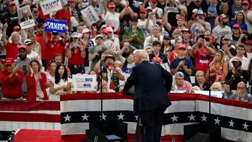 Former President Donald Trump speaks at an Aug. 3 rally at Georgia State University in Atlanta. (Hyosub Shin/The Atlanta Journal-Constitution)