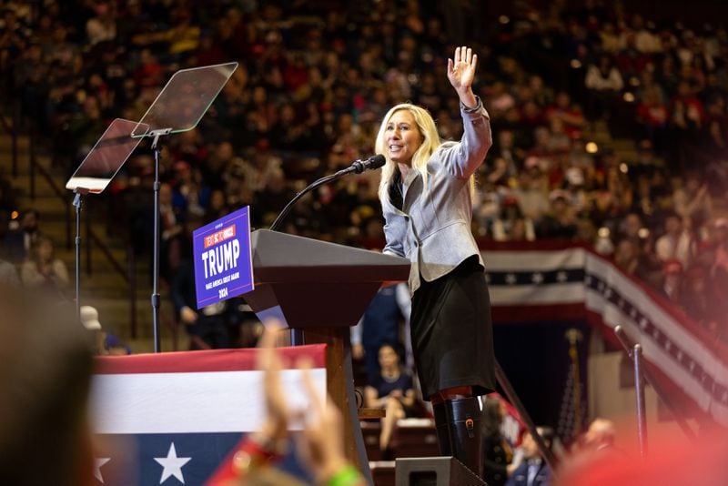 U.S. Rep. Marjorie Taylor Green, R-GA 14th District, speaks  during a rally for former president and Republican presidential candidate Donald Trump at Winthrop Coliseum in Rock Hill, South Carolina on Friday, February 23, 2024. (Arvin Temkar / arvin.temkar@ajc.com)