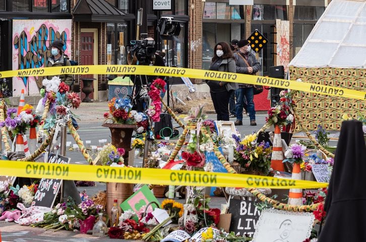 People visit the George Floyd memorial in Minneapolis on Tuesday, April 20, 2021, as  the jury continues deliberations in the Derek Chauvin trial. (Amr Alfiky/The New York Times)