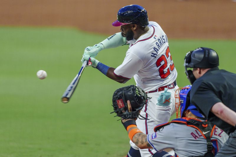 Atlanta Braves' Michael Harris II swings at a pitch called as a strike in the first inning of a baseball game against the New York Mets, Tuesday, Sept. 24, 2024, in Atlanta. (AP Photo/Jason Allen)