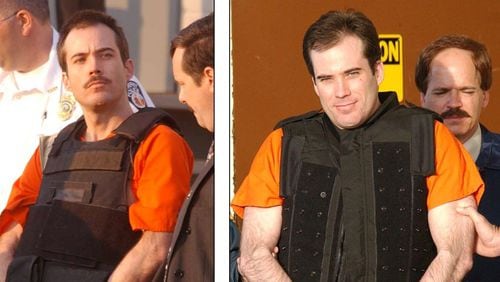 A federal appeals court has upheld the multiple life sentences given to Eric Robert Rudolph. At left, Rudolph is escorted by police from the Cherokee County Jail in Murphy, N.C., in June 2, 2003. At right,  Rudolph, is led to a car by U.S. marshals following a court appearance in Huntsville, Ala., March 2005. (AP Photo/June 2003 photo by Birmingham News, Hal Yeager; March 2005 photo, by Huntsville Times, Bryan Bacon)