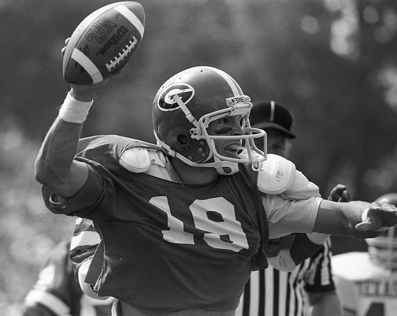 Georgia's Scott Woerner celebrates a big play against Texas A&M in 1980. AJC file photo