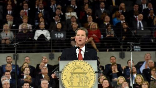 January 14, 2019 Atlanta - Georgia's 83rd Governor Brian Kemp speaks after he took the oath of office during the swearing-in ceremony at McCamish Pavilion in Campus of Georgia Tech  on Monday, January 14, 2019. HYOSUB SHIN / HSHIN@AJC.COM