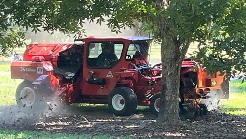 An operator guides a mechanical harvester to gather pecans at Hiers Orchards, a pecan farm in Dixie, Ga., on Tuesday, Sept. 24, 2024, ahead of Hurricane Helene's arrival in the state. (Courtesy of Vance Hiers)