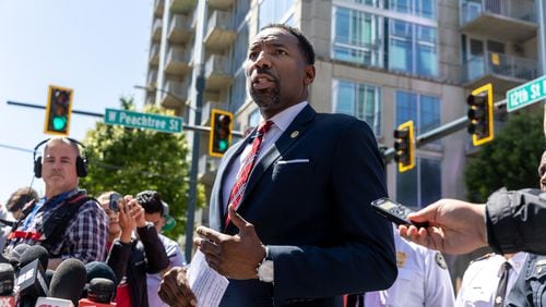 Mayor Andre Dickens speaks at a press conference near Northside Hospital Midtown medical office building where five people were shot on Wednesday, May 3, 2023. One person died. (Arvin Temkar / arvin.temkar@ajc.com)