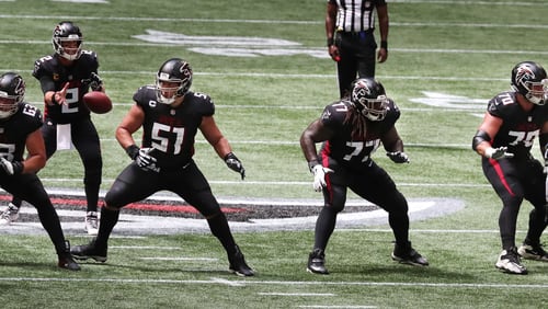 Falcons offensive lineman Kaleb McGary (from left),  Chris Lindstrom, Alex Mack, James Carpenter, and Jake Matthews block for Matt Ryan against the Seattle Seahawks Sunday, Sept. 13, 2020, at Mercedes-Benz Stadium in Atlanta. (Curtis Compton / Curtis.Compton@ajc.com)