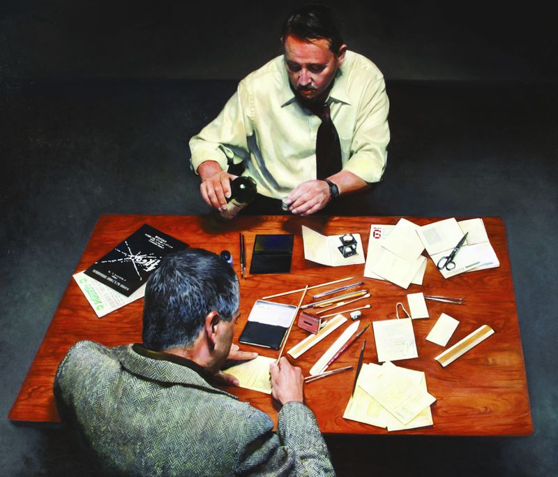 This image of a painting hanging at the CIA's headquarters in Langley, Virginia, is an artist's take on former CIA officers Antonio "Tony" Mendez, face visible, and Edward B. Johnson preparing documents to smuggle American diplomats out of Tehran, Iran, in 1980. Edward B. Johnson, who as a Central Intelligence Agency officer traveled into Iran with a colleague to rescue six American diplomats who fled the 1979 U.S. Embassy takeover in Tehran, has died, the CIA confirmed on Monday, Sept. 9, 2024. He was 81. (CIA via AP)