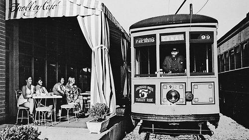 David Steinberg, who once operated a streetcar that toured the grounds of the Chattanooga Choo-Choo, brings the streetcar past the Trolley Cafe, a dining establishment once housed at the Choo-Choo during the 1970s. (Photo Courtesy of David Steinberg/Chattanooga's Transportation Heritage)