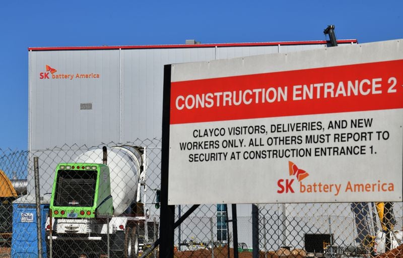 SK Innovation's $2.6 billion construction site in Commerce, Georgia, on September 30, 2020. The 2.4 million-square-foot plant, located next to Interstate 85 in Jackson County, could eventually employ up to 2,600 workers. Georgia gave SK one of the biggest incentive packages in state history to locate there, including $300 million in grants, tax breaks and free land. (Hyosub Shin/Atlanta Journal-Constitution/TNS)