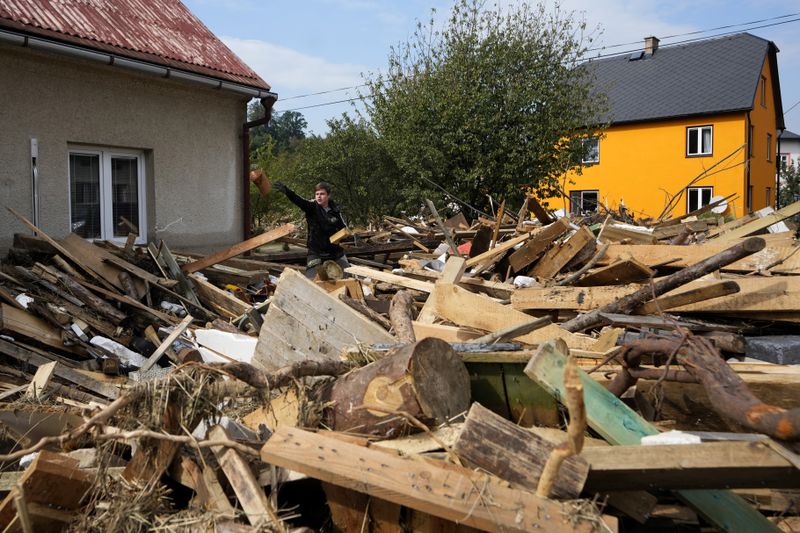 A young man throws a piece of wood as residents return to clean up after recent floods in Mikulovice, Czech Republic, Thursday, Sept. 19, 2024. (AP Photo/Petr David Josek)