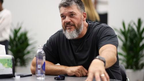 Atlanta Falcons run-game coordinator/offensive line coach Dwayne Ledford talks during media availability during OTAs, Wednesday, June 5, 2024, in Flowery Branch, Ga. (Jason Getz / AJC)