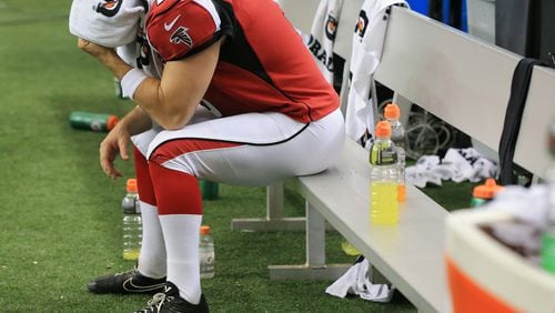 Falcons kicker Matt Bryant sits on the bench after missing his second fieldgoal of the day against the Redskins during their football game on Sunday, Oct. 11, 2015, in Atlanta. Bryant was 2 of 4 on fieldgoal attempts during the game.