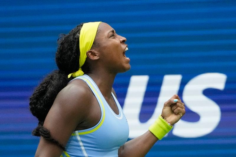 Coco Gauff, of the United States, reacts after winning the second set against Emma Navarro, of the United States, during the fourth round of the U.S. Open tennis championships, Sunday, Sept. 1, in New York. 2024. (AP Photo/Pamela Smith)