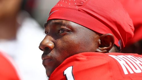 041324 Athens: Georgia defensive back Ellis Robinson IV watches from the bench between defensive series at the G-Day game on Saturday, April 13, 2024.  Curtis Compton for the Atlanta Journal Constitution