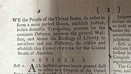 Part of an 1787 copy of the U.S. Constitution that will be put up for auction on Sept. 28, 2024 is shown at Bruck Auctions in Asheville, North Carolina, on Thursday, Sept. 5. (AP Photo/Jeffrey Collins)