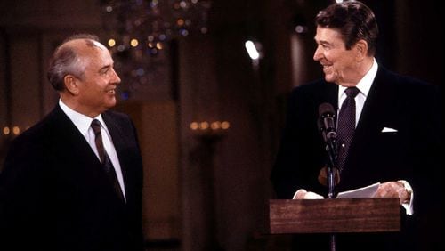 Then-President Ronald Reagan, right, at a June 1987 a meeting with Mikhail Gorbachev, the last leader of the Soviet Union. (Carol T. Powers/Tribune News Service)