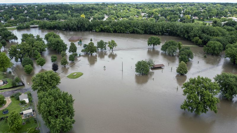 Riverdale Park is underwater after days of heavy rain led to flooding in the area Saturday, June 22, 2024 in Sioux Falls, S.D.. (AP Photo/Josh Jurgens)