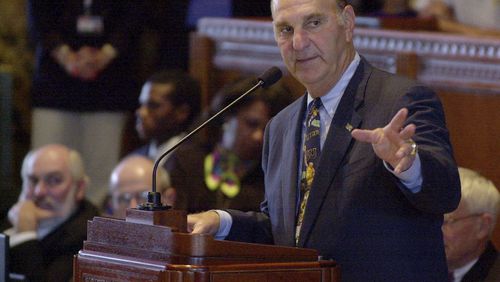 FILE - Louisiana State baseball coach Skip Bertman addresses the state House of Representatives at the Capitol in Baton Rogue, La., June 21, 2000. Bertman's 1997 Tigers slugged 188 home runs in 70 games on their way to the second of two straight national championships and were the inspiration for the phrase "gorilla ball,” the descriptor for the style of offense in an era when bats were juiced and balls flew out of ballparks at unprecedented rates. (AP Photo/Bill Haber, file)