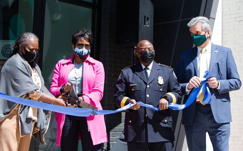 Then-Councilmember Joyce Sheperd, former Mayor Keisha Lance Bottoms, former APD Chief Rodney Bryant and Dave Wilkinson, president and CEO of the Atlanta Police Foundation, cut the ribbon for a new At-Promise Center on Thursday, April 1, 2021, in the Pittsburgh neighborhood. CHRISTINA MATACOTTA FOR THE ATLANTA JOURNAL-CONSTITUTION.