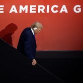 Former president Donald Trump departs Fiserv Forum in Milwaukee on Tuesday, July 16, 2024, the second day of the Republican National Convention. (Arvin Temkar / AJC)