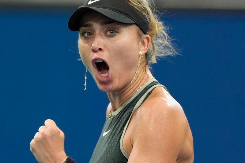 Paula Badosa, of Spain, reacts after scoring a point against Yafan Wang, of China, during the fourth round of the U.S. Open tennis championships, Sunday, Sept. 1, in New York. 2024. (AP Photo/Eduardo Munoz Alvarez)