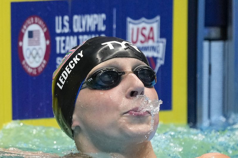 Katie Ledecky after a Women's 800 freestyle preliminary heat Friday, June 21, 2024, at the US Swimming Olympic Trials in Indianapolis. (AP Photo/Michael Conroy)