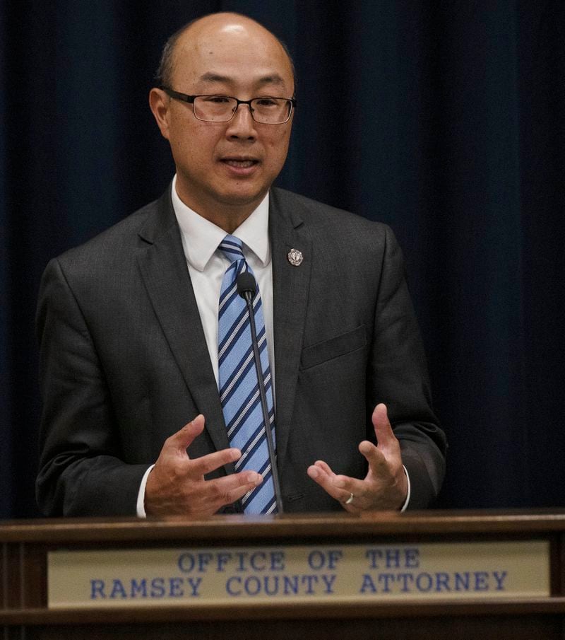 Ramsey County Attorney John Choi discusses his office's review of former Ramsey County Medical Examiner Michael McGee's work during a news conference in St. Paul, Minn. on Wednesday, Sept. 11, 2024. (John Autey/Pioneer Press via AP)