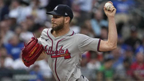 Atlanta Braves' Chris Sale pitches during the first inning of a baseball game against the New York Mets, Thursday, July 25, 2024, in New York. (AP Photo/Pamela Smith)