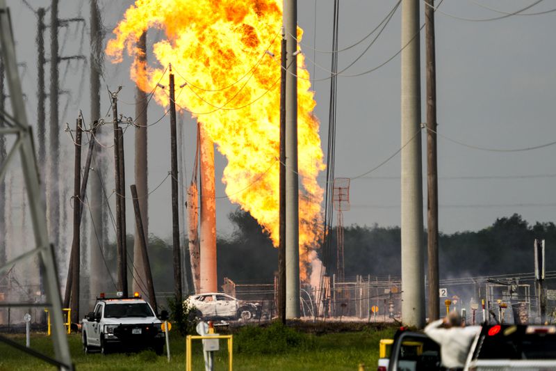 A massive pipeline fire burns near Spencer Highway and Summerton on Monday, Sept. 16, 2024, in La Porte, Texas. (Brett Coomer/Houston Chronicle via AP)