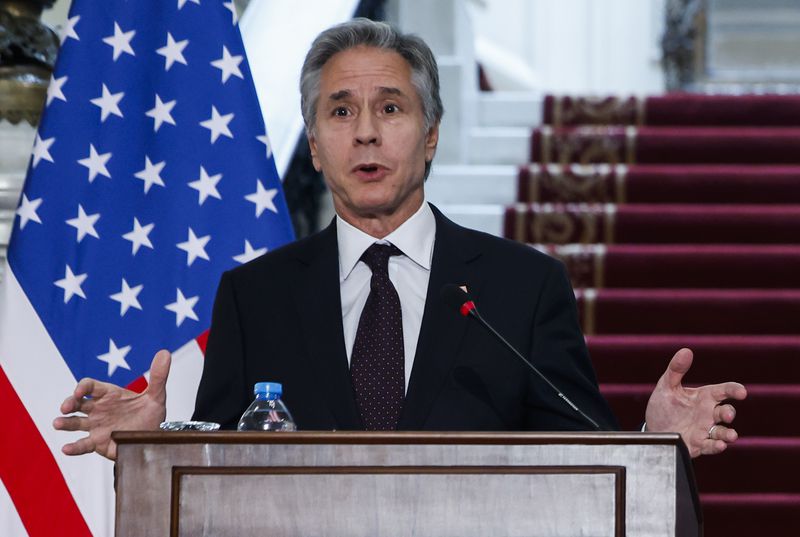 U.S. Secretary of State Antony Blinken attends a joint press conference with Egypt's Foreign Minister Badr Abdelatty in Tahrir Palace in Cairo, Egypt Wednesday, Sept. 18, 2024. (Evelyn Hockstein/Pool Photo via AP)