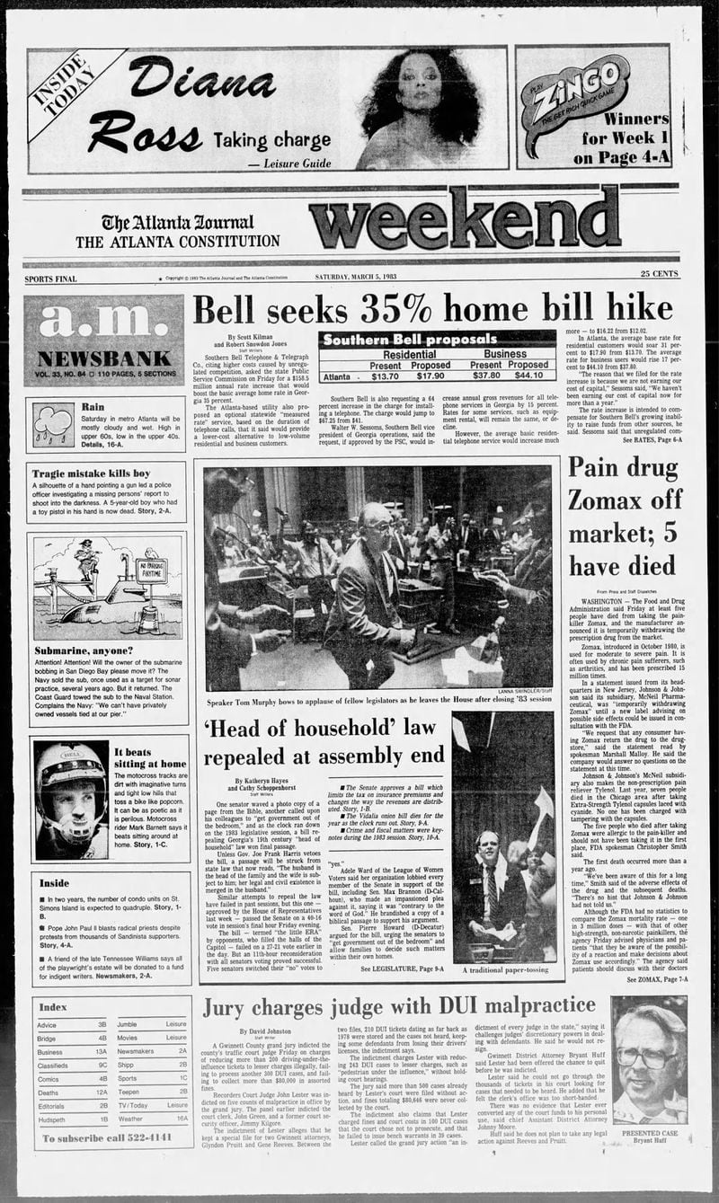 The March 5, 1983, front page of The Atlanta Journal and The Atlanta Constitution.