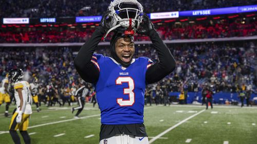 FILE - Buffalo Bills safety Damar Hamlin (3) reacts after an NFL wild-card playoff football game, Jan. 15, 2024, in Orchard Park, NY. (AP Photo/Matt Durisko, File)